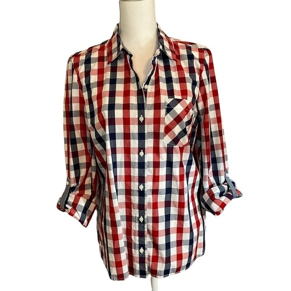 Tommy Hilfiger Red White Blue Roll Tab Check Poplin Button Down Shirt Top  Med. - Picture 3 of 16